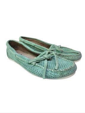 Minnetonka Lisa Moccasin Loafers Women's Size 9 Aqua Green Suede Slip-on Shoes